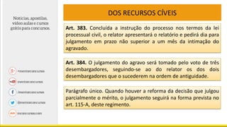 DOS RECURSOS CÍVEIS
Art. 383. Concluída a instrução do processo nos termos da lei
processual civil, o relator apresentará o relatório e pedirá dia para
julgamento em prazo não superior a um mês da intimação do
agravado.
Art. 384. O julgamento do agravo será tomado pelo voto de três
desembargadores, seguindo-se ao do relator os dos dois
desembargadores que o sucederem na ordem de antiguidade.
Parágrafo único. Quando houver a reforma da decisão que julgou
parcialmente o mérito, o julgamento seguirá na forma prevista no
art. 115-A, deste regimento.
 