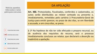 DA APELAÇÃO
Art. 486. Protocolados, fiscalizados, conferidos e cadastrados, os
autos serão distribuídos ao relator sorteado ou prevento e,
imediatamente, remetidos pelo cartório à Procuradoria-Geral de
Justiça para emitir parecer, no prazo de dez dias, se em liberdade
o acusado, e em cinco dias, se preso.
§ 1º Na hipótese de não ter sido efetuado o preparo recursal, ou
de ausência dos requisitos do recurso, será o processo
imediatamente conclusos ao relator, que declarará a deserção ou
inadmitirá a apelação.
 