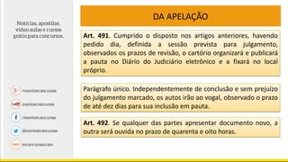 DA APELAÇÃO
Art. 491. Cumprido o disposto nos artigos anteriores, havendo
pedido dia, definida a sessão prevista para julgamento,
observados os prazos de revisão, o cartório organizará e publicará
a pauta no Diário do Judiciário eletrônico e a fixará no local
próprio.
Parágrafo único. Independentemente de conclusão e sem prejuízo
do julgamento marcado, os autos irão ao vogal, observado o prazo
de até dez dias para sua inclusão em pauta.
Art. 492. Se qualquer das partes apresentar documento novo, a
outra será ouvida no prazo de quarenta e oito horas.
 