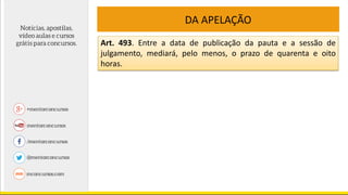 DA APELAÇÃO
Art. 493. Entre a data de publicação da pauta e a sessão de
julgamento, mediará, pelo menos, o prazo de quarenta e oito
horas.
 