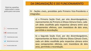 DA ORGANIZAÇÃO E DO FUNCIONAMENTO
IV - Seções cíveis, presididas pelo Primeiro Vice-Presidente e
integradas:
a) a Primeira Seção Cível, por oito desembargadores,
representantes da Primeira à Oitava Câmara Cíveis, cada
um deles escolhido pela respectiva câmara entre seus
componentes efetivos, com investidura de dois anos,
permitida a recondução;
b) a Segunda Seção Cível, por dez desembargadores,
representantes da Nona à Décima Oitava Câmara Cíveis,
cada um deles escolhido pela respectiva câmara entre
seus componentes efetivos, com investidura de dois
anos, permitida a recondução.
 