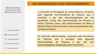 DA ORGANIZAÇÃO E DO FUNCIONAMENTO
c) Comissão de Divulgação da Jurisprudência, composta
pelo Segundo Vice-Presidente do Tribunal, que a
presidirá, e por oito desembargadores por ele
escolhidos, sendo três representantes da Primeira a
Oitava Câmaras Cíveis, três representantes da Nona à
Décima Oitava Câmaras Cíveis e dois representantes das
câmaras criminais;
d) Comissão Administrativa, composta pelo Presidente
do Tribunal, que a presidirá, pelo Segundo
VicePresidente do Tribunal e por até seis
desembargadores designados pelo Presidente;
 