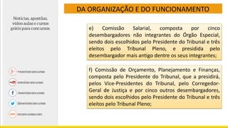 DA ORGANIZAÇÃO E DO FUNCIONAMENTO
e) Comissão Salarial, composta por cinco
desembargadores não integrantes do Órgão Especial,
sendo dois escolhidos pelo Presidente do Tribunal e três
eleitos pelo Tribunal Pleno, e presidida pelo
desembargador mais antigo dentre os seus integrantes;
f) Comissão de Orçamento, Planejamento e Finanças,
composta pelo Presidente do Tribunal, que a presidirá,
pelos Vice-Presidentes do Tribunal, pelo Corregedor-
Geral de Justiça e por cinco outros desembargadores,
sendo dois escolhidos pelo Presidente do Tribunal e três
eleitos pelo Tribunal Pleno;
 