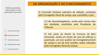 DA ORGANIZAÇÃO E DO FUNCIONAMENTO
k) Comissão Estadual Judiciária de Adoção, composta
pelo Corregedor-Geral de Justiça, que a presidirá, e por:
1) três desembargadores, sendo pelo menos dois
em atividade, escolhidos pelo Presidente do
Tribunal;
2) três juízes de direito da Comarca de Belo
Horizonte, sendo um titular de vara da infância e
juventude, um juiz auxiliar da Corregedoria-Geral
de Justiça e um de livre escolha, todos indicados
pelo Corregedor-Geral de Justiça;
 