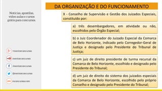 DA ORGANIZAÇÃO E DO FUNCIONAMENTO
X - Conselho de Supervisão e Gestão dos Juizados Especiais,
constituído por:
a) três desembargadores, em atividade ou não,
escolhidos pelo Órgão Especial;
b) o Juiz Coordenador do Juizado Especial da Comarca
de Belo Horizonte, indicado pelo Corregedor-Geral de
Justiça e designado pelo Presidente do Tribunal de
Justiça;
c) um juiz de direito presidente de turma recursal da
Comarca de Belo Horizonte, escolhido e designado pelo
Presidente do Tribunal;
d) um juiz de direito do sistema dos juizados especiais
da Comarca de Belo Horizonte, escolhido pelo próprio
Conselho e designado pelo Presidente do Tribunal;
 