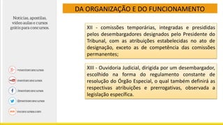 DA ORGANIZAÇÃO E DO FUNCIONAMENTO
XII - comissões temporárias, integradas e presididas
pelos desembargadores designados pelo Presidente do
Tribunal, com as atribuições estabelecidas no ato de
designação, exceto as de competência das comissões
permanentes;
XIII - Ouvidoria Judicial, dirigida por um desembargador,
escolhido na forma do regulamento constante de
resolução do Órgão Especial, o qual também definirá as
respectivas atribuições e prerrogativas, observada a
legislação específica.
 