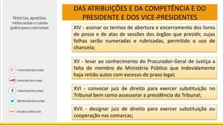 DAS ATRIBUIÇÕES E DA COMPETÊNCIA E DO
PRESIDENTE E DOS VICE-PRESIDENTES
XIV - assinar os termos de abertura e encerramento dos livros
de posse e de atas de sessões dos órgãos que presidir, cujas
folhas serão numeradas e rubricadas, permitido o uso de
chancela;
XV - levar ao conhecimento do Procurador-Geral de Justiça a
falta de membro do Ministério Público que indevidamente
haja retido autos com excesso de prazo legal;
XVI - convocar juiz de direito para exercer substituição no
Tribunal bem como assessorar a presidência do Tribunal;
XVII - designar juiz de direito para exercer substituição ou
cooperação nas comarcas;
 