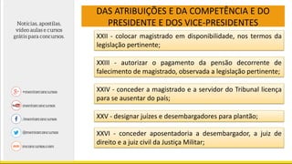 DAS ATRIBUIÇÕES E DA COMPETÊNCIA E DO
PRESIDENTE E DOS VICE-PRESIDENTES
XXII - colocar magistrado em disponibilidade, nos termos da
legislação pertinente;
XXIII - autorizar o pagamento da pensão decorrente de
falecimento de magistrado, observada a legislação pertinente;
XXIV - conceder a magistrado e a servidor do Tribunal licença
para se ausentar do país;
XXV - designar juízes e desembargadores para plantão;
XXVI - conceder aposentadoria a desembargador, a juiz de
direito e a juiz civil da Justiça Militar;
 