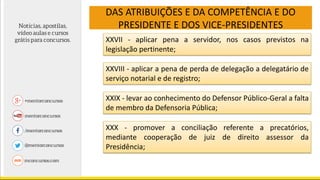 DAS ATRIBUIÇÕES E DA COMPETÊNCIA E DO
PRESIDENTE E DOS VICE-PRESIDENTES
XXVII - aplicar pena a servidor, nos casos previstos na
legislação pertinente;
XXVIII - aplicar a pena de perda de delegação a delegatário de
serviço notarial e de registro;
XXIX - levar ao conhecimento do Defensor Público-Geral a falta
de membro da Defensoria Pública;
XXX - promover a conciliação referente a precatórios,
mediante cooperação de juiz de direito assessor da
Presidência;
 
