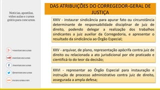 DAS ATRIBUIÇÕES DO CORREGEDOR-GERAL DE
JUSTIÇA
XXIV - instaurar sindicância para apurar fato ou circunstância
determinante de responsabilidade disciplinar de juiz de
direito, podendo delegar a realização dos trabalhos
sindicantes a juiz auxiliar da Corregedoria, e apresentar o
resultado da sindicância ao Órgão Especial;
XXV - arquivar, de plano, representação apócrifa contra juiz de
direito ou relacionada a ato jurisdicional por ele praticado e
cientificá-lo do teor da decisão;
XXVI - representar ao Órgão Especial para instauração e
instrução de processo administrativo contra juiz de direito,
assegurada a ampla defesa;
 