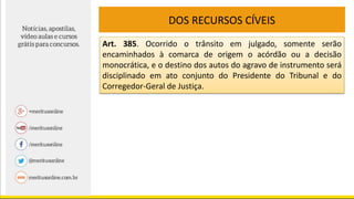 DOS RECURSOS CÍVEIS
Art. 385. Ocorrido o trânsito em julgado, somente serão
encaminhados à comarca de origem o acórdão ou a decisão
monocrática, e o destino dos autos do agravo de instrumento será
disciplinado em ato conjunto do Presidente do Tribunal e do
Corregedor-Geral de Justiça.
 