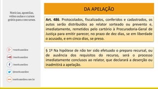DA APELAÇÃO
Art. 486. Protocolados, fiscalizados, conferidos e cadastrados, os
autos serão distribuídos ao relator sorteado ou prevento e,
imediatamente, remetidos pelo cartório à Procuradoria-Geral de
Justiça para emitir parecer, no prazo de dez dias, se em liberdade
o acusado, e em cinco dias, se preso.
§ 1º Na hipótese de não ter sido efetuado o preparo recursal, ou
de ausência dos requisitos do recurso, será o processo
imediatamente conclusos ao relator, que declarará a deserção ou
inadmitirá a apelação.
 