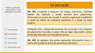 DA APELAÇÃO
Art. 491. Cumprido o disposto nos artigos anteriores, havendo
pedido dia, definida a sessão prevista para julgamento,
observados os prazos de revisão, o cartório organizará e publicará
a pauta no Diário do Judiciário eletrônico e a fixará no local
próprio.
Parágrafo único. Independentemente de conclusão e sem prejuízo
do julgamento marcado, os autos irão ao vogal, observado o prazo
de até dez dias para sua inclusão em pauta.
Art. 492. Se qualquer das partes apresentar documento novo, a
outra será ouvida no prazo de quarenta e oito horas.
 