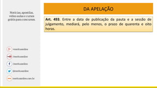 DA APELAÇÃO
Art. 493. Entre a data de publicação da pauta e a sessão de
julgamento, mediará, pelo menos, o prazo de quarenta e oito
horas.
 