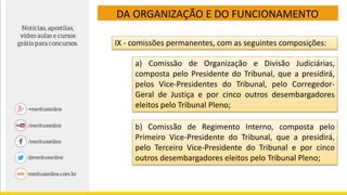 DA ORGANIZAÇÃO E DO FUNCIONAMENTO
IX - comissões permanentes, com as seguintes composições:
a) Comissão de Organização e Divisão Judiciárias,
composta pelo Presidente do Tribunal, que a presidirá,
pelos Vice-Presidentes do Tribunal, pelo Corregedor-
Geral de Justiça e por cinco outros desembargadores
eleitos pelo Tribunal Pleno;
b) Comissão de Regimento Interno, composta pelo
Primeiro Vice-Presidente do Tribunal, que a presidirá,
pelo Terceiro Vice-Presidente do Tribunal e por cinco
outros desembargadores eleitos pelo Tribunal Pleno;
 