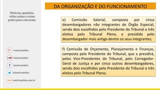 DA ORGANIZAÇÃO E DO FUNCIONAMENTO
e) Comissão Salarial, composta por cinco
desembargadores não integrantes do Órgão Especial,
sendo dois escolhidos pelo Presidente do Tribunal e três
eleitos pelo Tribunal Pleno, e presidida pelo
desembargador mais antigo dentre os seus integrantes;
f) Comissão de Orçamento, Planejamento e Finanças,
composta pelo Presidente do Tribunal, que a presidirá,
pelos Vice-Presidentes do Tribunal, pelo Corregedor-
Geral de Justiça e por cinco outros desembargadores,
sendo dois escolhidos pelo Presidente do Tribunal e três
eleitos pelo Tribunal Pleno;
 