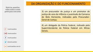 DA ORGANIZAÇÃO E DO FUNCIONAMENTO
3) um procurador de justiça e um promotor de
justiça de vara da infância e juventude da Comarca
de Belo Horizonte, indicados pelo Procurador-
Geral de Justiça;
4) um delegado da Polícia Federal, indicado pelo
Superintendente da Polícia Federal em Minas
Gerais.
 