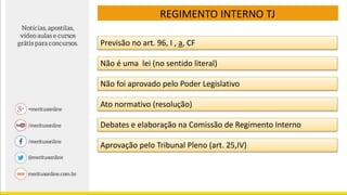 REGIMENTO INTERNO TJ
Previsão no art. 96, I , a, CF
Não é uma lei (no sentido literal)
Não foi aprovado pelo Poder Legislativo
Ato normativo (resolução)
Debates e elaboração na Comissão de Regimento Interno
Aprovação pelo Tribunal Pleno (art. 25,IV)
 