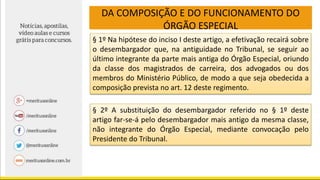 DA COMPOSIÇÃO E DO FUNCIONAMENTO DO
ÓRGÃO ESPECIAL
§ 1º Na hipótese do inciso I deste artigo, a efetivação recairá sobre
o desembargador que, na antiguidade no Tribunal, se seguir ao
último integrante da parte mais antiga do Órgão Especial, oriundo
da classe dos magistrados de carreira, dos advogados ou dos
membros do Ministério Público, de modo a que seja obedecida a
composição prevista no art. 12 deste regimento.
§ 2º A substituição do desembargador referido no § 1º deste
artigo far-se-á pelo desembargador mais antigo da mesma classe,
não integrante do Órgão Especial, mediante convocação pelo
Presidente do Tribunal.
 