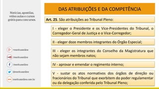 DAS ATRIBUIÇÕES E DA COMPETÊNCIA
Art. 25. São atribuições ao Tribunal Pleno:
I - eleger o Presidente e os Vice-Presidentes do Tribunal, o
Corregedor-Geral de Justiça e o Vice-Corregedor;
II - eleger doze membros integrantes do Órgão Especial;
III - eleger os integrantes do Conselho da Magistratura que
não sejam membros natos;
IV - aprovar e emendar o regimento interno;
V - sustar os atos normativos dos órgãos de direção ou
fracionários do Tribunal que exorbitem do poder regulamentar
ou da delegação conferida pelo Tribunal Pleno;
 