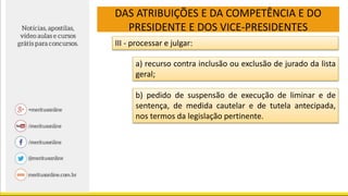 DAS ATRIBUIÇÕES E DA COMPETÊNCIA E DO
PRESIDENTE E DOS VICE-PRESIDENTES
III - processar e julgar:
a) recurso contra inclusão ou exclusão de jurado da lista
geral;
b) pedido de suspensão de execução de liminar e de
sentença, de medida cautelar e de tutela antecipada,
nos termos da legislação pertinente.
 