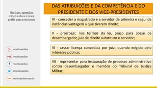 DAS ATRIBUIÇÕES E DA COMPETÊNCIA E DO
PRESIDENTE E DOS VICE-PRESIDENTES
IV - conceder a magistrado e a servidor de primeira e segunda
instâncias vantagem a que tiverem direito;
V - prorrogar, nos termos da lei, prazo para posse de
desembargador, juiz de direito substituto e servidor;
VI - cassar licença concedida por juiz, quando exigido pelo
interesse público;
VII - representar para instauração de processo administrativo
contra desembargador e membro do Tribunal de Justiça
Militar;
 