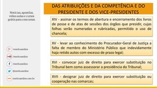 DAS ATRIBUIÇÕES E DA COMPETÊNCIA E DO
PRESIDENTE E DOS VICE-PRESIDENTES
XIV - assinar os termos de abertura e encerramento dos livros
de posse e de atas de sessões dos órgãos que presidir, cujas
folhas serão numeradas e rubricadas, permitido o uso de
chancela;
XV - levar ao conhecimento do Procurador-Geral de Justiça a
falta de membro do Ministério Público que indevidamente
haja retido autos com excesso de prazo legal;
XVI - convocar juiz de direito para exercer substituição no
Tribunal bem como assessorar a presidência do Tribunal;
XVII - designar juiz de direito para exercer substituição ou
cooperação nas comarcas;
 