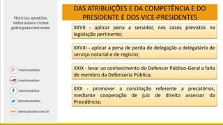 DAS ATRIBUIÇÕES E DA COMPETÊNCIA E DO
PRESIDENTE E DOS VICE-PRESIDENTES
XXVII - aplicar pena a servidor, nos casos previstos na
legislação pertinente;
XXVIII - aplicar a pena de perda de delegação a delegatário de
serviço notarial e de registro;
XXIX - levar ao conhecimento do Defensor Público-Geral a falta
de membro da Defensoria Pública;
XXX - promover a conciliação referente a precatórios,
mediante cooperação de juiz de direito assessor da
Presidência;
 
