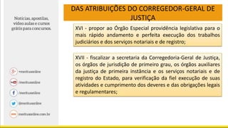 DAS ATRIBUIÇÕES DO CORREGEDOR-GERAL DE
JUSTIÇA
XVI - propor ao Órgão Especial providência legislativa para o
mais rápido andamento e perfeita execução dos trabalhos
judiciários e dos serviços notariais e de registro;
XVII - fiscalizar a secretaria da Corregedoria-Geral de Justiça,
os órgãos de jurisdição de primeiro grau, os órgãos auxiliares
da justiça de primeira instância e os serviços notariais e de
registro do Estado, para verificação da fiel execução de suas
atividades e cumprimento dos deveres e das obrigações legais
e regulamentares;
 