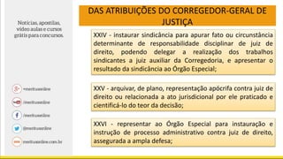 DAS ATRIBUIÇÕES DO CORREGEDOR-GERAL DE
JUSTIÇA
XXIV - instaurar sindicância para apurar fato ou circunstância
determinante de responsabilidade disciplinar de juiz de
direito, podendo delegar a realização dos trabalhos
sindicantes a juiz auxiliar da Corregedoria, e apresentar o
resultado da sindicância ao Órgão Especial;
XXV - arquivar, de plano, representação apócrifa contra juiz de
direito ou relacionada a ato jurisdicional por ele praticado e
cientificá-lo do teor da decisão;
XXVI - representar ao Órgão Especial para instauração e
instrução de processo administrativo contra juiz de direito,
assegurada a ampla defesa;
 