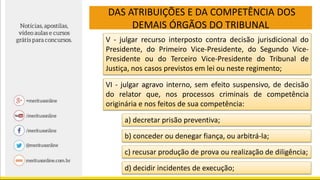 DAS ATRIBUIÇÕES E DA COMPETÊNCIA DOS
DEMAIS ÓRGÃOS DO TRIBUNAL
V - julgar recurso interposto contra decisão jurisdicional do
Presidente, do Primeiro Vice-Presidente, do Segundo Vice-
Presidente ou do Terceiro Vice-Presidente do Tribunal de
Justiça, nos casos previstos em lei ou neste regimento;
VI - julgar agravo interno, sem efeito suspensivo, de decisão
do relator que, nos processos criminais de competência
originária e nos feitos de sua competência:
a) decretar prisão preventiva;
b) conceder ou denegar fiança, ou arbitrá-la;
c) recusar produção de prova ou realização de diligência;
d) decidir incidentes de execução;
 
