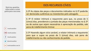 DOS RECURSOS CÍVEIS
§ 3º As cópias das peças e documentos indicados no § 2º poderão
ser declaradas autênticas ou inexistentes pelo advogado.
§ 4º O relator intimará o requerente para que, no prazo de 5
(cinco) dias, providencie a juntada das peças mencionadas no § 2º
ou de outras que sejam necessárias à apreciação do pedido, sob
pena de indeferimento liminar.
§ 5º Havendo algum vício sanável, o relator intimará o requerente
para que o supra no prazo de 5 (cinco) dias, sob pena de
indeferimento ou não conhecimento do pedido.
 
