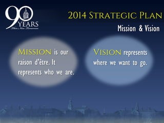 2014 Strategic Plan
Mission & Vision
Vision represents
where we want to go.
Mission is our
raison d'être. It
represents who we are.
 