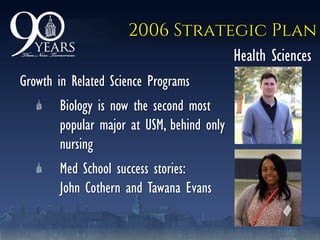 2006 Strategic Plan
Growth in Related Science Programs
Biology is now the second most
popular major at USM, behind only
nursing
Med School success stories:
John Cothern and Tawana Evans
Health Sciences
 