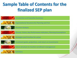 Sample Table of Contents for the
finalized SEP plan
Introduction and Executive Summary
Organizational Structure for Planning and Foci
Situation Analysis
Mission, Vision, Key Performance Indicators, Planning Assumptions,
Strategies and Priorities for action
Enrollment goals, projections, and return on investments
Future structure to monitor enrollment management
Summary
 