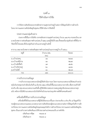 11
บทที่ 3
วิธีดําเนินการวิจัย
การวิจัยความคิดเห็นของอาสาสมัครสาธารณสุขประจําหมูบานตอการใชสมุดบันทึกการเฝาระวัง
โรคเบาหวานและความดันโลหิตสูงในชุมชน มีวิธีดําเนินการวิจัยดังนี้
ประชากรและกลุมตัวอยาง
ประชากรที่ใชในการวิจัยคือ อาสาสมัครสาธารณสุขตําบลบอตรุ จํานวน 136คน ตามทะเบียน อส
ม.ของโรงพยาบาลสงเสริมสุขภาพตําบลบอตรุ ป 2560และผูวิจัยใช อสม.ทั้งหมดเปนกลุมตัวอยางที่ใชในการ
วิจัยครั้งนี้ โดยอสม.ที่เปนกลุมตัวอยางจําแนกตามหมูบานดังนี้
ตาราง1 อสม.ของโรงพยาบาลสงเสริมสุขภาพตําบลบอตรุจําแนกรายหมูบาน ป 2560
หมูที่ จํานวน อสม.
(คน)
รอยละ
ม.1บานบอตรุ 38 27.94
ม.2บานเจดียงาม 31 22.79
ม.3บานพังขี้พรา 17 12.50
ม.4บานวัดประดู 20 14.70
ม.5บานโพธิ์ 30 22.07
รวม 136 100.00
การเก็บรวบรวมขอมูล
การเก็บรวบรวมแบบสอบถามโดยผูวิจัยดําเนินการเอง โดยการแจกแบบสอบถามใหอสม.ตําบลบอ
ตรุในวันประชุมประจําเดือนในวันที่ 20มีนาคม 2560พรอมทั้งชี้แจงแบบสอบถามรายขอ เพื่อความเขาใจที่
ตรงกัน เมื่อ อสม.ตอบแบบสอบถามเสร็จสิ้น ผูวิจัยไดตรวจสอบความสมบูรณถูกตองของแบบสอบถามทุก
ฉบับ หลังจากนั้นไดนําแบบสอบถามไปบันทึกดวยโปรแกรมประยุกตทางสถิติดวยคอมพิวเตอร
เครื่องมือที่ใชในการเก็บรวบรวมขอมูล
เครื่องมือที่ใชเปนแบบสอบถามที่ผูวิจัยไดออกแบบขึ้นเอง ประกอบดวย 3สวน คือ 1) ขอมูลทั่วไป
ของผูตอบแบบสอบถามและ2) แบบสอบถามความคิดเห็นของผูตอบแบบสอบถามตอการใชสมุดบันทึกการเฝา
ระวังโรคเบาหวานและความดันโลหิตสูงในชุมชนสมุดบันทึกการเฝาระวังโรคเบาหวานและความดันโลหิตสูงใน
ชุมชน เปนแบบสํารวจความคิดเห็นแบบใหประมาณคาแบงคะแนนเปน 5ระดับคือ
-เห็นดวยมากที่สุด คะแนน 5
-เห็นดวยมาก คะแนน 4
 