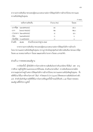 16
ตาราง5ความคิดเห็นภาพรวมของผูตอบแบบสอบถามตอการใชสมุดบันทึกการเฝาระวังโรคเบาหวานและ
ความดันโลหิตสูงในชุมชน
n=100
ระดับความคิดเห็น จํานวน (คน) รอยละ
- มากที่สุด (41-50คะแนน) 70 70.0
- มาก (31-40คะแนน) 22 22.0
- ปานกลาง (21-30คะแนน) 8 8.0
- นอย (11-20คะแนน) 0 0
- นอยที่สุด (0-10คะแนน) 0 0
คาเฉลี่ย 42.72 สวนเบี่ยงเบนมาตรฐาน 5.79
จากตาราง5ความคิดเห็นภาพรวมของผูตอบแบบสอบถามตอการใชสมุดบันทึกการเฝาระวัง
โรคเบาหวานและความดันโลหิตสูงในชุมชน ปรากฏวาสวนใหญกลุมตัวอยางมีความคิดเห็นภาพรวมมากที่สุด
รอยละ 70รองละมาระดับมาก รอยละ 22และระดับปานกลาง รอยละ 8ตามลําดับ
สวนที่ 2 การทดสอบสมมติฐาน
การวิจัยครั้งนี้ ผูวิจัยไดทําการวิเคราะหหาความสัมพันธระหวางตัวแปรอิสระ ซึ่งไดแก เพศ อายุ
การศึกษา หมูที่ปฏิบัติงานและระยะเวลาที่เปนอสม. สวนตัวแปรตามไดแก ความคิดเห็นของอาสาสมัคร
สาธารณสุขประจําหมูบานตอการใชสมุดบันทึกการเฝาระวังโรคเบาหวานและความดันโลหิตสูงในชุมชน ซึ่ง
สถิติที่นํามาใชในการศึกษาวิเคราะห ไดแก คาไคสแควร (Chi-Square) ใชทดสอบความสัมพันธระหวางตัว
แปร สําหรับนัยสําคัญทางสถิติที่ใชในการวิเคราะหขอมูลครั้งนี้กําหนดไวที่ระดับ 0.05 ซึ่งผลการทดสอบ
สมมติฐานที่ตั้งไวปรากฏดังนี้
 
