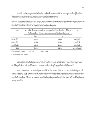 18
สมมติฐานที่ 2 อายุมีความสัมพันธกับความคิดเห็นของอาสาสมัครสาธารณสุขประจําหมูบานตอการ
ใชสมุดบันทึกการเฝาระวังโรคเบาหวานและความดันโลหิตสูงในชุมชน
ตารางที่ 7แสดงความสัมพันธระหวางอายุกับความคิดเห็นของอาสาสมัครสาธารณสุขประจําหมูบานตอการใช
สมุดบันทึกการเฝาระวังโรคเบาหวานและความดันโลหิตสูงในชุมชน
อายุ ความคิดเห็นของอาสาสมัครสาธารณสุขประจําหมูบานตอการใชสมุด
บันทึกการเฝาระวังโรคเบาหวานและความดันโลหิตสูงในชุมชน
รวม
นอย มาก
25-40ป 42.85 57.15 14.0(14)
41-60ป 45.58 54.42 68.0(68)
61ปขึ้นไป 27.77 72.23 18.0(18)
รวม 42.00 58.00 100.0(100)
Chi-Square =1.86 df = 2 Sig = 0.39
Crammer’s v = 0.136
เมื่อทดสอบความสัมพันธระหวางอายุกับความคิดเห็นของอาสาสมัครสาธารณสุขประจําหมูบานตอ
การใชสมุดบันทึกการเฝาระวังโรคเบาหวานและความดันโลหิตสูงในชุมชนโดยใชสถิติไคสแควร
ผลการทดสอบพบวาคานัยสําคัญที่คํานวณได เทากับ 0.39 ซึ่งมีคามากกวาระดับนัยสําคัญ ( ) ที่
กําหนดไวที่ระดับ 0.05 แสดงวาอาสาสมัครสาธารณสุขประจําหมูบานที่มีอายุตางกันมีความคิดเห็นตอการใช
สมุดบันทึกการเฝาระวังโรคเบาหวานและความดันโลหิตสูงในชุมชนไมแตกตางกัน ผลการศึกษาจึงไมเปนตาม
สมมติฐานที่ตั้งไว
 