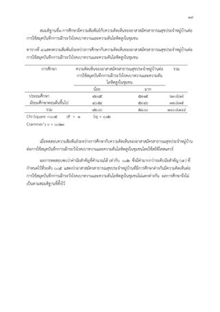 19
สมมติฐานที่3 การศึกษามีความสัมพันธกับความคิดเห็นของอาสาสมัครสาธารณสุขประจําหมูบานตอ
การใชสมุดบันทึกการเฝาระวังโรคเบาหวานและความดันโลหิตสูงในชุมชน
ตารางที่ 8แสดงความสัมพันธระหวางการศึกษากับความคิดเห็นของอาสาสมัครสาธารณสุขประจําหมูบานตอ
การใชสมุดบันทึกการเฝาระวังโรคเบาหวานและความดันโลหิตสูงในชุมชน
การศึกษา ความคิดเห็นของอาสาสมัครสาธารณสุขประจําหมูบานตอ
การใชสมุดบันทึกการเฝาระวังโรคเบาหวานและความดัน
โลหิตสูงในชุมชน
รวม
นอย มาก
ประถมศึกษา 42.85 57.15 63.0(63)
มัธยมศึกษาตอนตนขึ้นไป 40.54 59.46 37.0(37)
รวม 42.00 58.00 100.0(100)
Chi-Square =0.05 df = 1 Sig = 0.82
Crammer’s v = 0.023
เมื่อทดสอบความสัมพันธระหวางการศึกษากับความคิดเห็นของอาสาสมัครสาธารณสุขประจําหมูบาน
ตอการใชสมุดบันทึกการเฝาระวังโรคเบาหวานและความดันโลหิตสูงในชุมชนโดยใชสถิติไคสแควร
ผลการทดสอบพบวาคานัยสําคัญที่คํานวณได เทากับ 0.82 ซึ่งมีคามากกวาระดับนัยสําคัญ ( ) ที่
กําหนดไวที่ระดับ 0.05 แสดงวาอาสาสมัครสาธารณสุขประจําหมูบานที่มีการศึกษาตางกันมีความคิดเห็นตอ
การใชสมุดบันทึกการเฝาระวังโรคเบาหวานและความดันโลหิตสูงในชุมชนไมแตกตางกัน ผลการศึกษาจึงไม
เปนตามสมมติฐานที่ตั้งไว
 