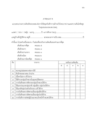 41
ภาคผนวก ข
แบบสอบถามความคิดเห็นของอสม.ตอการใชสมุดบันทึกการเฝาระวังโรคเบาหวานและความดันโลหิตสูง
ในชุมชนของรพ.สต.บอตรุ
1.เพศ ( ) ชาย ( )หญิง 2.อายุ..................ป 3.การศึกษา (ระบุ)...................................................................
4.หมูบานที่ปฏิบัติงาน หมูที่............................... 5.ระยะเวลาการเปน อสม....................................................ป
คําชี้แจง โปรดทําเครื่องหมาย / ในชองที่ตรงกับความคิดเห็นของทานมากที่สุด
เห็นดวยมากที่สุด คะแนน 5
เห็นดวยมาก คะแนน 4
เห็นดวยปานกลาง คะแนน 3
เห็นดวยนอย คะแนน 2
เห็นดวยมากนอยที่สุด คะแนน 1
ขอ รายการ ระดับความคิดเห็น
5 4 3 2 1
1 ขนาดรูปเลมสะดวกตอการใช
2 ตัวอักษรเหมาะสม อานงาย
3 เนื้อหาไมยาก เขาใจงาย
4 ใชสํารวจกลุมเปาหมายในชุมชนไดสะดวก
5 การบันทึกผลการคัดกรองกลุมเปาหมายไดงาย
6 ใชแยกประเภทกลุมปกติ กลุมเสี่ยง กลุมปวยไดงาย
7 ใชแยกสีกลุมปวยดวยปงปอง 7สี ไดงาย
8 การบันทึกผลการติดตามเยี่ยมกลุมเสี่ยงไดงาย
9 การบันทึกผลการติดตามเยี่ยมกลุมปวยไดงาย
10 การบันทึกการสงตอผูปวยมาพบเจาหนาที่ รพ.สต.ไดงาย
 