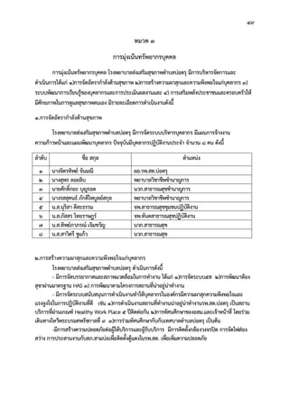 49
หมวด 3
การมุงเนนทรัพยากรบุคคล
การมุงเนนทรัพยากรบุคคล โรงพยาบาลสงเสริมสุขภาพตําบลบอตรุ มีการบริหารจัดการและ
ดําเนินการไดแก 1)การจัดอัตรากําลังดานสุขภาพ 2)การสรางความผาสุกและความพึงพอใจแกบุคลากร 3)
ระบบพัฒนาการเรียนรูของบุคลากรและการประเมินผลงานและ 4) การเสริมพลังประชาชนและครอบครัวให
มีศักยภาพในการดูแลสุขภาพตนเอง มีรายละเอียดการดําเนินงานดังนี้
1.การจัดอัตรากําลังดานสุขภาพ
โรงพยาบาลสงเสริมสุขภาพตําบลบอตรุ มีการจัดระบบบริหารบุคลากร มีแผนการจางงาน
ความกาวหนาและแผนพัฒนาบุคลากร ปจจุบันมีบุคลากรปฏิบัติงานประจํา จํานวน 8 คน ดังนี้
ลําดับ ชื่อ สกุล ตําแหนง
1 นางจิตรทิพย จันมณี ผอ.รพ.สต.บอตรุ
2 นางสุพร ลอยลิบ พยาบาลวิชาชีพชํานาญการ
3 นายศักดิ์กยะ บุญรอด นวก.สาธารณสุขชํานาญการ
4 นางรสสุคนธ ภักดีไพบูลยสกุล พยาบาลวิชาชีพชํานาญการ
5 น.ส.นุริสา ดีสะธรรม จพ.สาธารณสุขชุมชนปฏิบัติงาน
6 น.ส.ภัสสร ไทยราษฎร จพ.ทันตสาธารณสุขปฏิบัติงาน
7 น.ส.ทิพยภาภรณ เจิมขวัญ นวก.สาธารณสุข
8 น.ส.สาวิตรี ชูแกว นวก.สาธารณสุข
2.การสรางความผาสุกและความพึงพอใจแกบุคลากร
โรงพยาบาลสงเสริมสุขภาพตําบลบอตรุ ดําเนินการดังนี้
- มีการจัดบรรยากาศและสภาพแวดลอมในการทํางาน ไดแก 1)การจัดระบบ5ส 2)การพัฒนาหอง
สุขาผานมาตรฐาน HAS 3) การพัฒนาตามโครงการสถานที่นาอยูนาทํางาน
- มีการจัดระบบสนับสนุนการดําเนินงานทําใหบุคลากรในองคกรมีความผาสุกความพึงพอใจและ
แรงจูงใจในการปฏิบัติงานที่ดี เชน 1)การดําเนินงานสถานที่ทํางานนาอยูนาทํางานรพ.สต.บอตรุ เปนสถาน
บริการที่ผานเกณฑ Healthy Work Place 5 ปติดตอกัน 2)การทัศนศึกษาของอสม.และเจาหนาที่ โดยรวม
เดินทางไหวพระบรมศพรัชกาลที่ 9 3)การรวมทัศนศึกษากับกับเทศบาลตําบลบอตรุ เปนตน
-มีการสรางความปลอดภัยตอผูใหบริการและผูรับบริการ มีการติดตั้งกลองวงจรปด การจัดไฟสอง
สวาง การประสานงานกับสภ.สามบอเพื่อติดตั้งตูแดงในรพ.สต. เพื่อเพิ่มความปลอดภัย
 