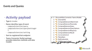 Events and Queries
 Activity payload
 composeExtension/query
 composeExtension/querySettingUr
l
 composeExtension/setting
 