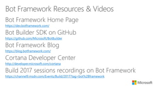 https://dev.botframework.com/
https://github.com/Microsoft/BotBuilder
https://blog.botframework.com/
http://developer.microsoft.com/cortana
https://channel9.msdn.com/Events/Build/2017?tag=bot%2Bframework
 