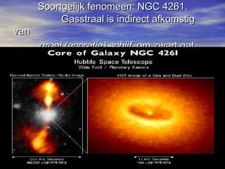 Soortgelijk fenomeen: NGC 4261.Soortgelijk fenomeen: NGC 4261.
Gasstraal is indirect afkomstigGasstraal is indirect afkomstig
vanvan
groei (accretie) schijfgroei (accretie) schijf om zwart gatom zwart gat
 