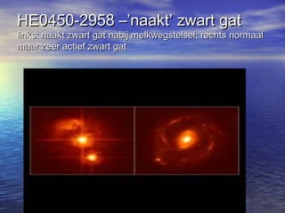 HE0450-2958 –’naakt’ zwart gatHE0450-2958 –’naakt’ zwart gat
links: naakt zwart gat nabij melkwegstelsel; rechts normaallinks: naakt zwart gat nabij melkwegstelsel; rechts normaal
maar zeer actief zwart gatmaar zeer actief zwart gat
 