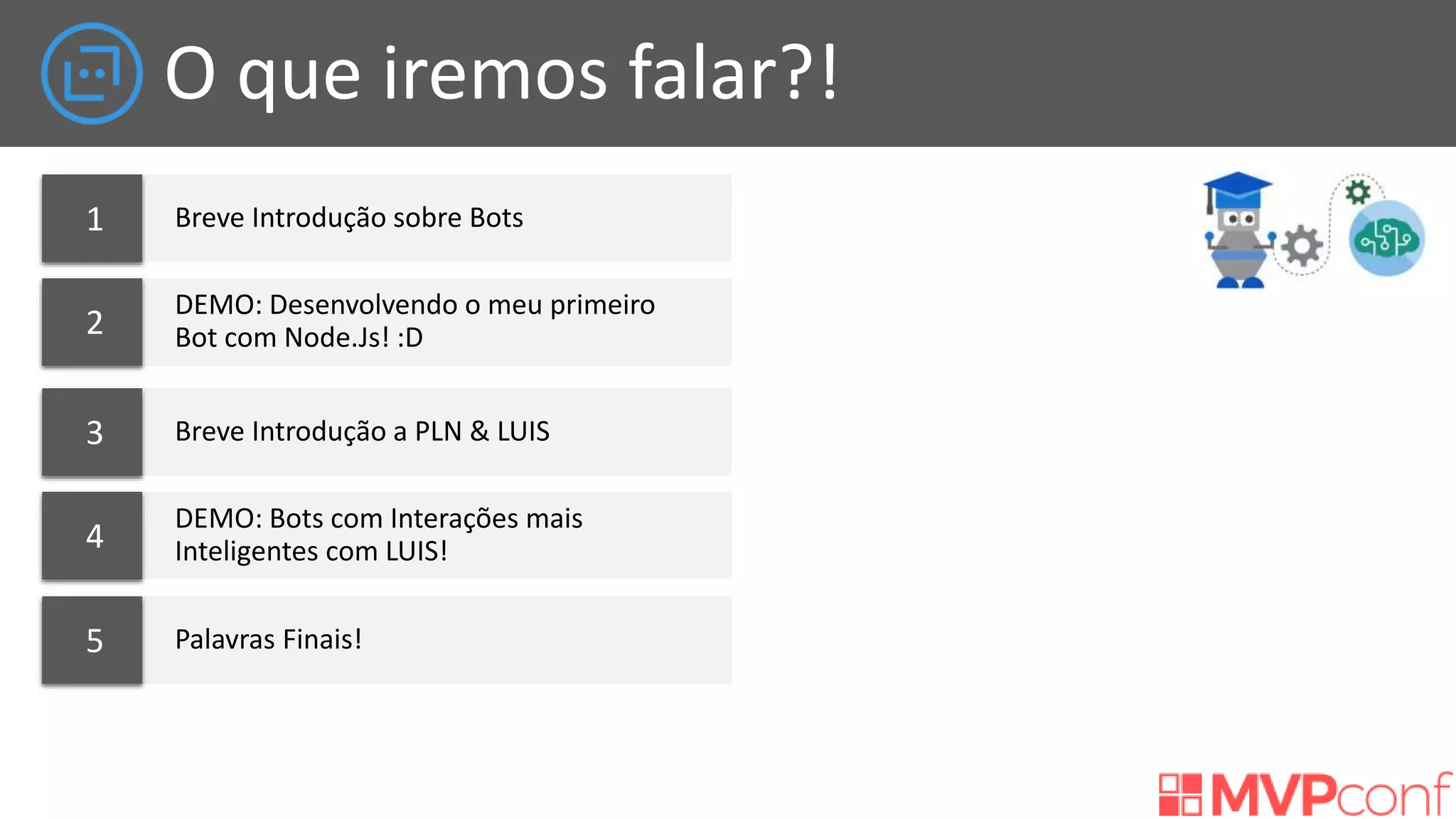 O que iremos falar?!
Breve Introdução sobre Bots1
DEMO: Desenvolvendo o meu primeiro
Bot com Node.Js! :D2
Breve Introdução a PLN & LUIS3
DEMO: Bots com Interações mais
Inteligentes com LUIS!4
Palavras Finais!5
6
7
8
9
10
 