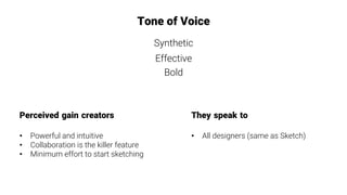 Tone of Voice
Synthetic
Effective
Bold
They speak to

•  All designers (same as Sketch)
Perceived gain creators

•  Powerful and intuitive
•  Collaboration is the killer feature
•  Minimum effort to start sketching
 