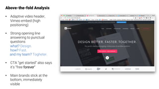 Above-the-fold Analysis

•  Adaptive video header,
Vimeo embed (high
positioning)
•  Strong opening line
answering to punctual
questions
what? Design.
how? Fast.
and my team? Togheter.

•  CTA “get started” also says
it’s “free forever”
•  Main brands stick at the
bottom, immediately
visible
 