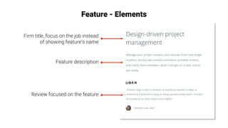 Feature - Elements
Firm title, focus on the job instead
of showing feature’s name 
Feature description
Review focused on the feature
 