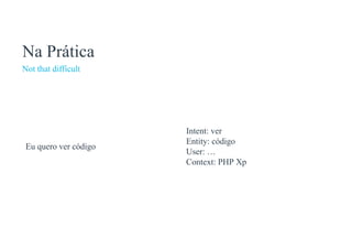 Na Prática
Not that difficult
Eu quero ver código
Intent: ver
Entity: código
User: …
Context: PHP Xp
 